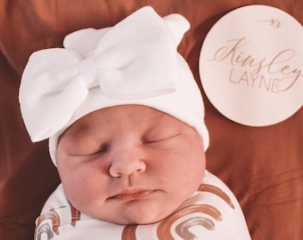 Newborn Hospital Hat, white with bow, double ply, NO PERSONALIZATION, baby girl, lil miss sweet pea, shower gift, hat with bow