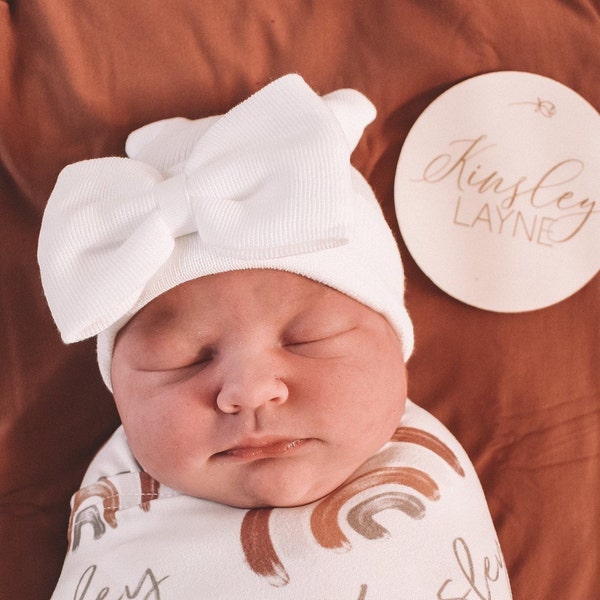 Newborn Hospital Hat, white with bow, double ply, latex free, NO PERSONALIZATION, baby girl, lil miss sweet pea, shower gift, hat with bow