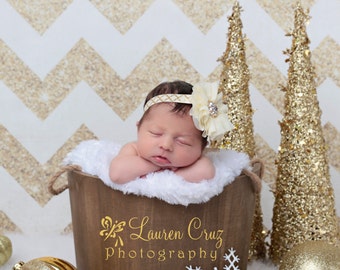 Pretty Ivory Flower with a Gold Center on a Gold and Ivory Soft Stretch Elastic Headband or Clip by Lil Miss Sweet Pea