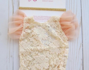 Lace Romper, peachy ivory lace with flutter sleeves, unlined, AND/OR matching gold rhinestone headband, bebe foto/ Lil Miss Sweet Pea