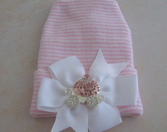 Pink princess carriage, baby hospital hat, pink stripe hat with bow, newborn take home outfit by Lil Miss Sweet Pea