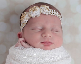 Gold and White Organza Flower Headband for newborns to adults - perfect for photoshoots by Lil Miss Sweet Pea