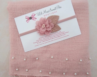 Pearl Wrap in Dusty Rose color AND/OR 2 inch pink flower with leaves headband/ newborn photo/ swaddle wrapset/  by Lil Miss Sweet Pea