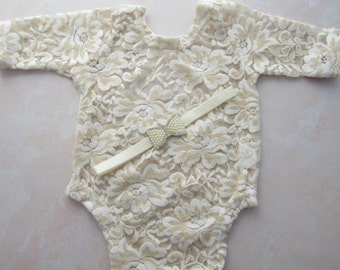 Ivory Lace Romper for Newborn Photos AND/OR rhinestone pearl bow headband, children's photo prop, baby girl boho,  by Lil Miss Sweet Pea