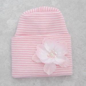 PREEMIE - Newborn Pink and White Stripe hospital hat with pink flower, hat for hospital, double ply, Lil Miss Sweet Pea