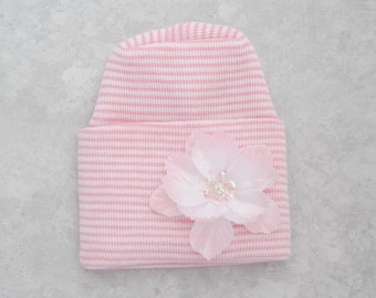 PREEMIE - Newborn Pink and White Stripe hospital hat with pink flower, latex free fabric for hospitals, double ply, Lil Miss Sweet Pea