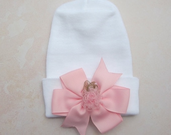 PREEMIE hospital hat with choice of bow color, baby shower gift, baby hat, white hat, infant beenie, by Lil Miss Sweet Pea