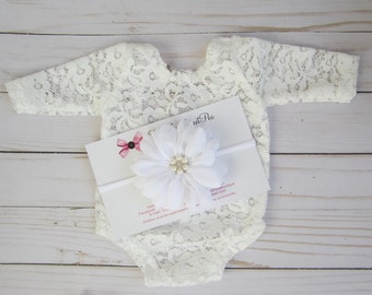 White Lace Romper, unlined w/sleeves, AND/or 3.75" chiffon petal flower headband, newborn bebe foto, Lil Miss Sweet Pea