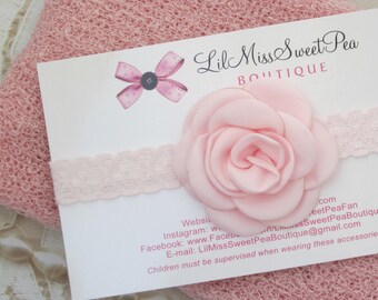 Light Pink Knit Swaddle Wrap with a pink satin rose, vintage lace elastic, newborn headband, bandeau bebe, photo shoots, Lil Miss Sweet Pea