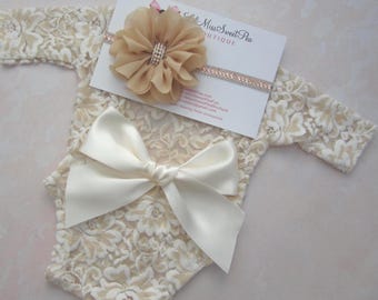 Ivory Lace Newborn Romper AND/OR Flower Headband: Photo Prop