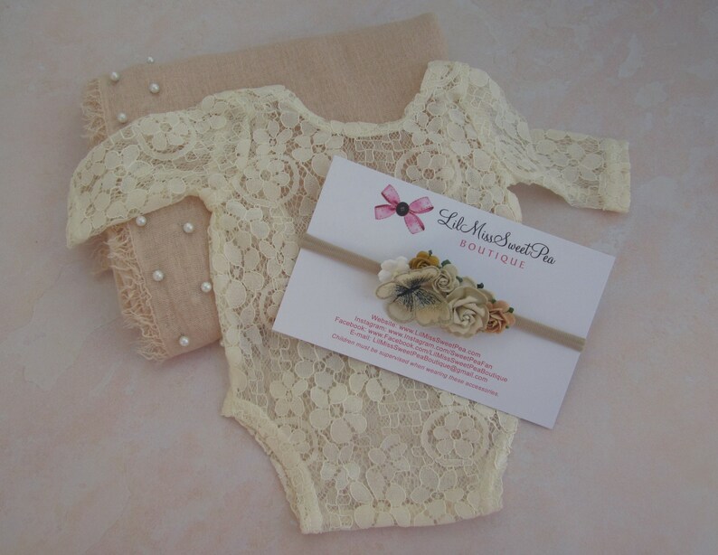 Newborn Lace Romper, unlined, in light Ivory AND/or butterfly adorned paper flower headband AND/or Pearl Swaddle by Lil Miss Sweet Pea image 1