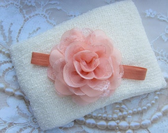 Cream Knit Wrap AND/OR Matching Peach Chiffon and Lace Flower Headband, photo shoots, newborn swaddle wrap, bebe foto, Lil Miss Sweet Pea