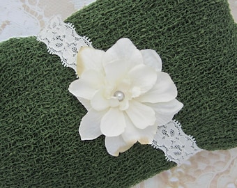 Evergreen Knit Wrap AND , OR Matching Ivory Delphinium Flower Headband set for photo shoots, green is perfect for boys, order separately