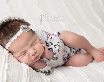 Newborn Romper, Printed Stretch Jersey, AND/OR matching rhinestone headband, photoshoot, bebe/ newborn photo outfit, Lil Miss Sweet Pea