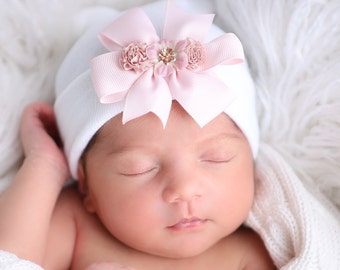 Newborn Hospital Hat, white hat with a white, pink or lavender bow and matching ribbon flowers, baby hat, beanie, Lil Miss Sweet Pea