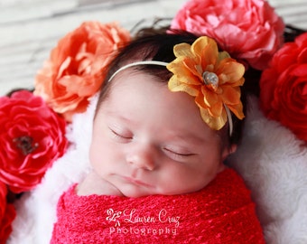 Orange Delphinium Flower headband for newborn photo shoots or everyday wear/ perfect for all ages/ baby shower gift