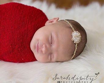 Red Stretch Knit Swaddle AND/OR Gold & White Headband with a white organza flower, newborn photo, infant hairband, Lil Miss Sweet Pea