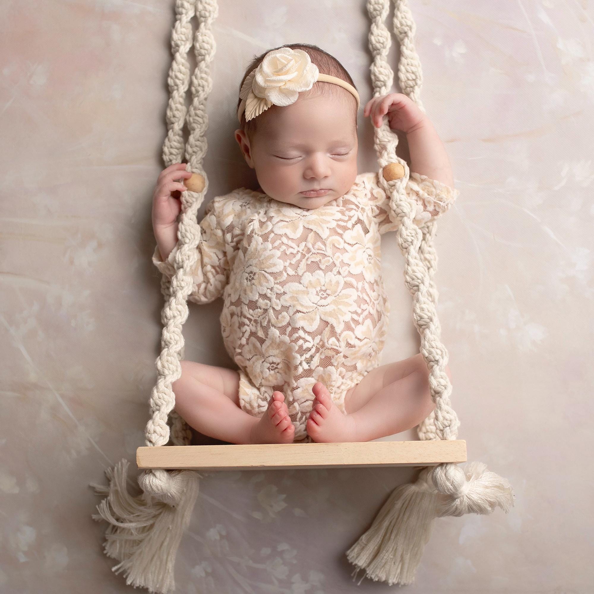 Ivory Lace Romper for Newborn Photos AND OR chiffon flower headband children s photo prop baby girl boho by Lil Miss Sweet Pea