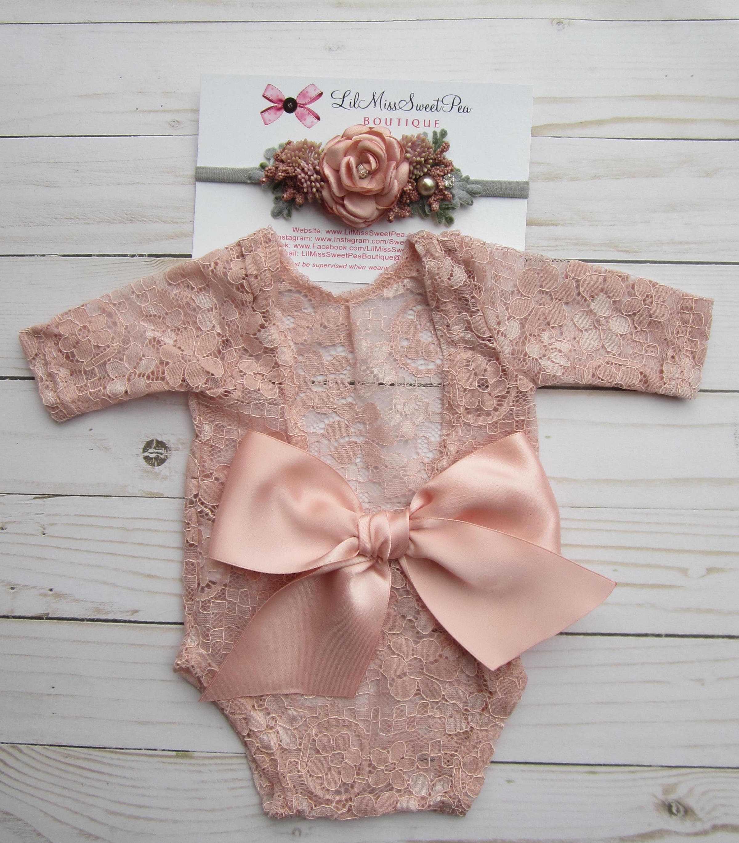 Deluxe Floral Headband And Or Dusty Rose Lace Romper Newborn Set Bebe Foto Photographer Set Bandeau Bebe Lil Miss Sweet Pea