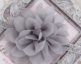 Gray 4 inch lace and chiffon petal flower on 3,8 inch glitter elastic or a clip, bebe, foto, flower clip, photos/ Lil Miss Sweet Pea