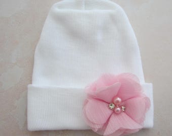 Newborn Hospital Hat: Baby White Hat, Light Pink Flower, Latex Free