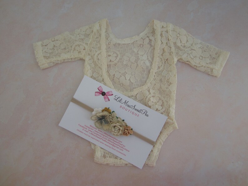 Newborn Lace Romper, unlined, in light Ivory AND/or butterfly adorned paper flower headband AND/or Pearl Swaddle by Lil Miss Sweet Pea image 5