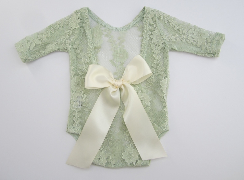 Sage Newborn Lace Romper choice of Ivory Ribbon Bow on the image 3