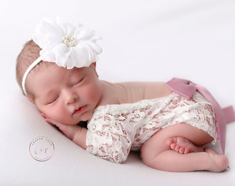 Newborn Lace Romper with optional back bow, 10 colors for ribbon bow, or no bow, **AND/OR** Flower Headband, photo, bebe, Lil Miss Sweet Pea
