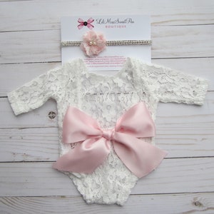 White Embroidered Lace Romper Outfit, with or without back bow, w/sleeves, unlined, AND/OR matching flower headband, bebe Lil Miss Sweet Pea image 3
