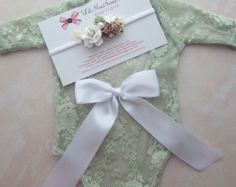 Sage Newborn Lace Romper, choice of White Ribbon Bow on the back, AND/OR matching headband, girl's photos, foto bebe/ by Lil Miss Sweet Pea