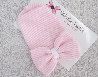 PREEMIE Newborn Hospital Hat, pink and white stripe with a large fabric bow, premature hospital hat, NO PERSONALIZATION, Lil Miss Sweet Pea