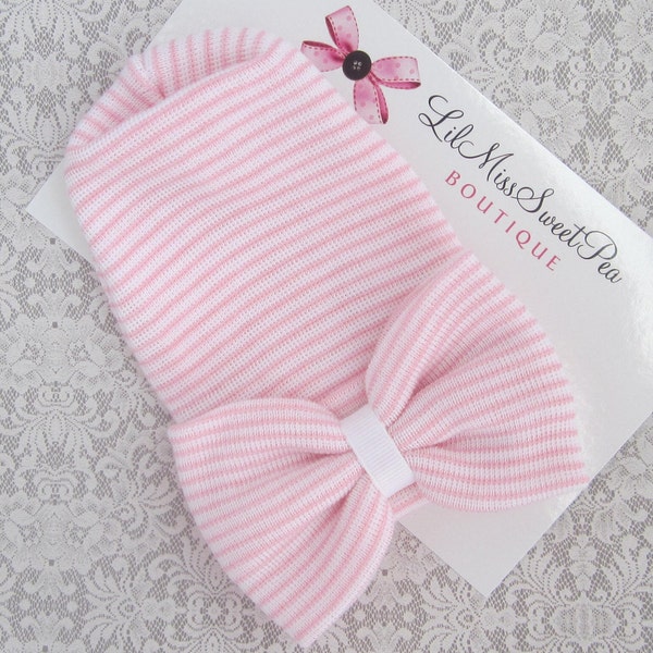 PREEMIE Newborn Hospital Hat, pink and white stripe with a large fabric bow, premature hospital hat, NO PERSONALIZATION, Lil Miss Sweet Pea