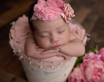 Blush Muslin swaddle wrap with pearls AND/OR cluster flower headband, newborn photography, cluster flower bandeau, Lil Miss Sweet Pea
