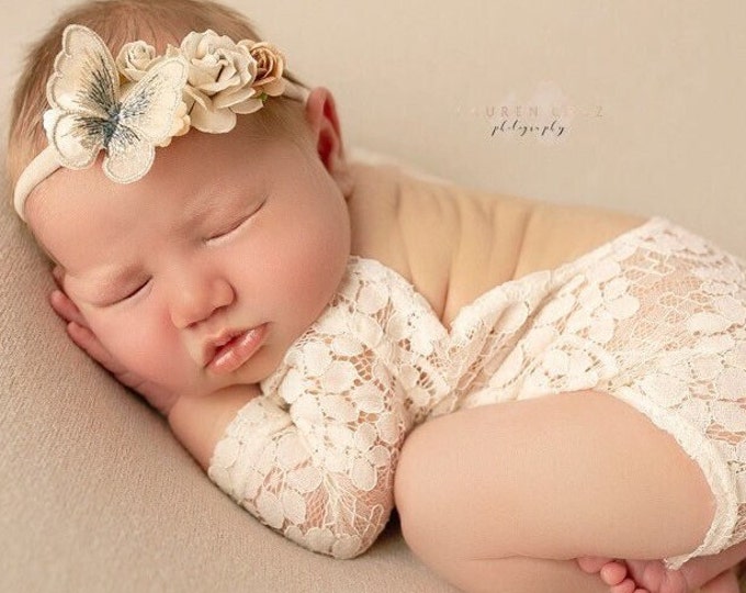 Featured listing image: Light Ivory Lace Romper for Newborn Photos AND/OR Butterfly adorned headband, newborn photo set,  baby girl photo,  by Lil Miss Sweet Pea