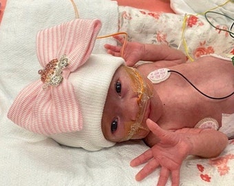 PREEMIE hospital hat, pink stripe bow with princess carriage, 2 ply, outfit, baby beenie, by Lil Miss Sweet Pea