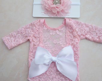 Newborn Lace Romper AND/OR Floral Headband, Choose from 3 colors, Photo Prop Outfit
