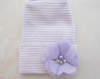 Newborn Hospital Hat: Lavender and White Stripe, Lavender Flower, Latex Free