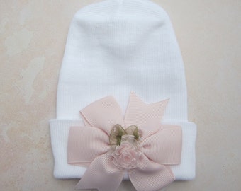 Newborn hospital hat with choice of bow color, baby shower gift, baby hat, white hat, infant beenie, by Lil Miss Sweet Pea