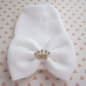 Princess Crown Newborn Hospital Hat, white, large bow and a gold rhinestone crown, baby hat girl, lil miss sweet pea, infant beanie, gift