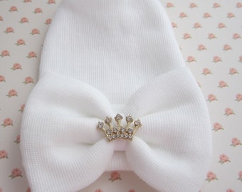 Princess Crown Newborn Hospital Hat, white, large bow and a gold rhinestone crown, baby hat girl, lil miss sweet pea, infant beanie, gift