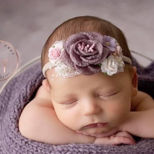 Couture headband, PLUM or SAGE, for newborn or older girls photos, fabric and paper flowers, by Lil Miss Sweet Pea image 1