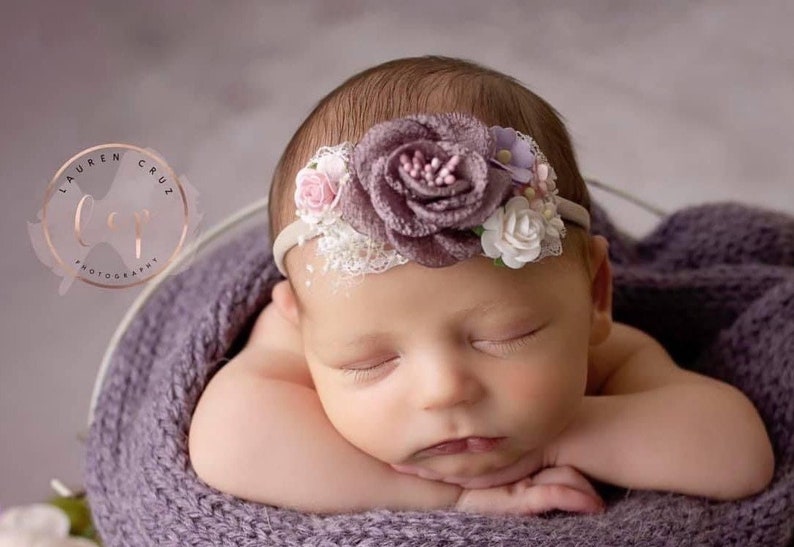 Couture headband, PLUM or SAGE, for newborn or older girls photos, fabric and paper flowers, by Lil Miss Sweet Pea image 1