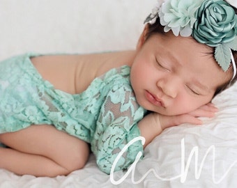 Lace Romper, mint lace with long sleeves, newborn photo, baby romper, first photos by Lil Miss Sweet Pea