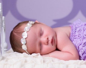White Iridescent sequin flower halo headband, perfect for all ages and newborn photoshoots by Lil Miss Sweet Pea