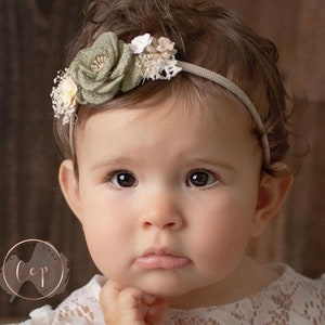 Couture headband, PLUM or SAGE, for newborn or older girls photos, fabric and paper flowers, by Lil Miss Sweet Pea image 4