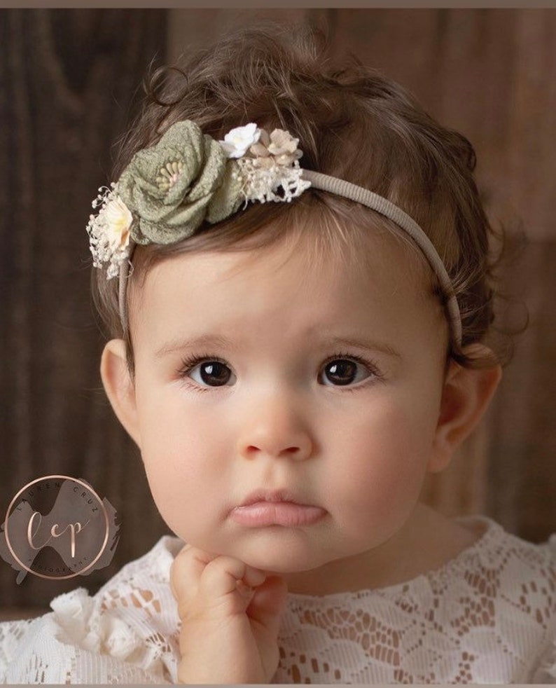 Couture headband, PLUM or SAGE, for newborn or older girls photos, fabric and paper flowers, by Lil Miss Sweet Pea image 4