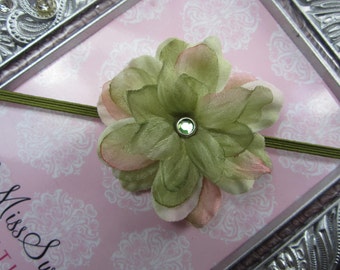 Shades of Green and Blush Pink headband for newborn photo shoots or everyday wear, includes layers of sheer organza