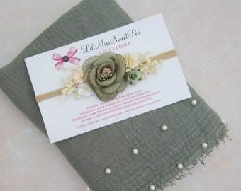 Sage pearl adorned swaddle wrap AND/OR matching flower headband, newborn photo shoots, handmade, bandeau, swaddle set Lil Miss Sweet Pea