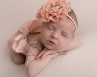 Newborn Lace Romper with 5 color options, w/sleeves, unlined AND/OR 4 inch floral headband, baby photo, bebe, by Lil Miss Sweet Pea