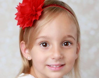 Christmas Red Petal Flower 3 inch on Red Glitter Elastic Headband, perfect for all ages or on an alligator clip